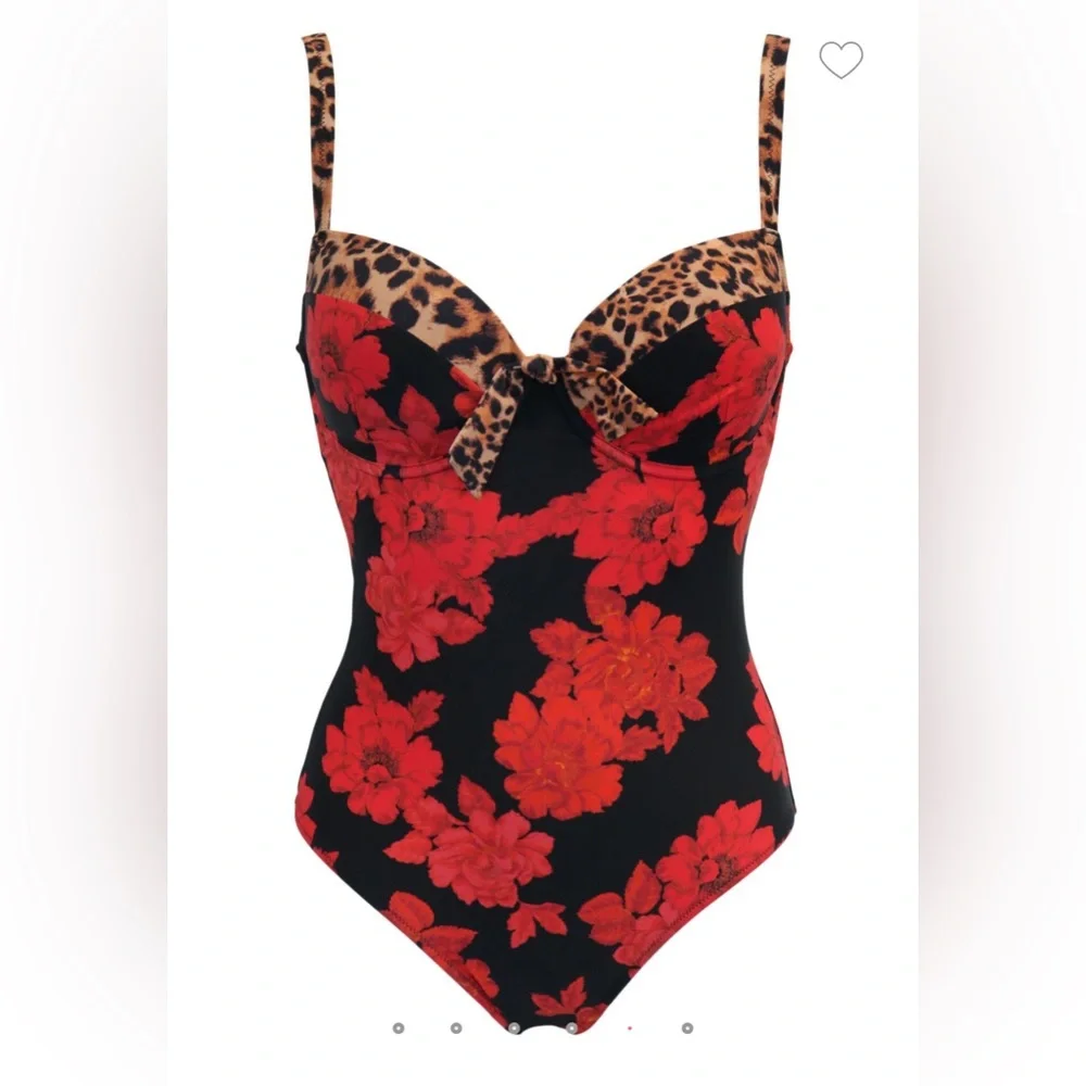 Pour Moi St Lucia Red Floral & Leopard Print Underwire Swimsuit Sz 38I NWT - Picture 6 of 11